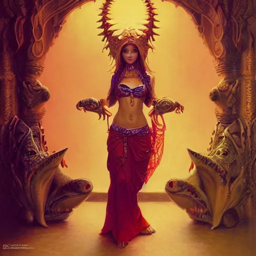 Image similar to cute female bellydancer dragon, ultra realistic, anthropomorphic, stuning 3 d render, masterpiece, glowing holy aura, by donato giancola and greg rutkowski and wayne barlow and zdzisław beksinski, realistic face