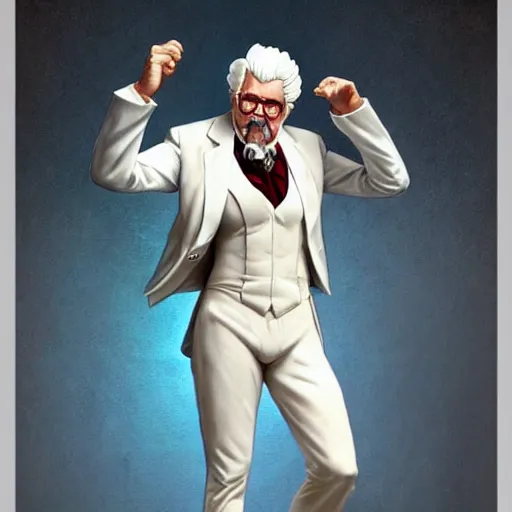 Image similar to a full body portrait of colonel sanders the greek god!!! extremely beautiful, anatomically accurate, by artgerm and by greg rutkowski and by alphonse mucha and by simon bisley, radiant light, detailed and intricate environment,