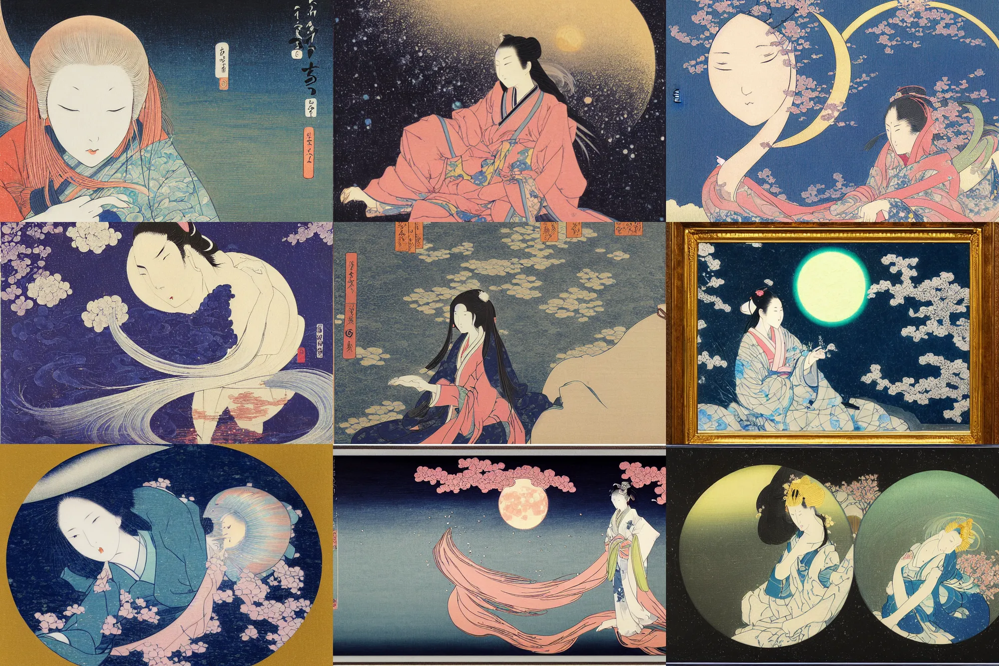 Prompt: a ukyo-e painting of Kaguya, the moon light princess by Hokusai, very ethereal, floating world, glass reflections, oil painting, award-winning, highly detailed palette knife oil painting, thick impasto, painterly, autochrome, pinhole, realistic lighting, chiaroscuro, very ethereal, very ethereal, silver color, dark, chiaroscuro, nacre, pastel oil inks, , paint-on-glass painting, chibi, soft pastel colors, pinguin, soft, very ethereal, silver color, dark, chiaroscuro, nacre, pastel oil inks, paint-on-glass painting