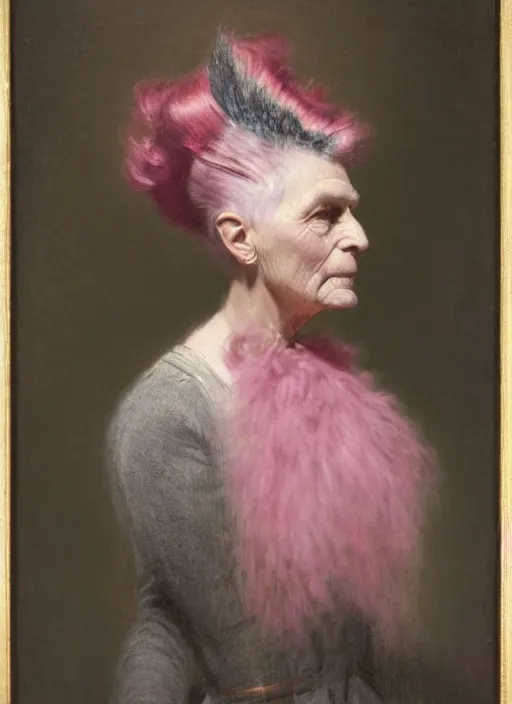 Prompt: a detailed portrait of old woman with a mohawk by edouard bisson, year, 1 9 0 0, pink hair, punk rock, oil painting, muted colours, soft lighting