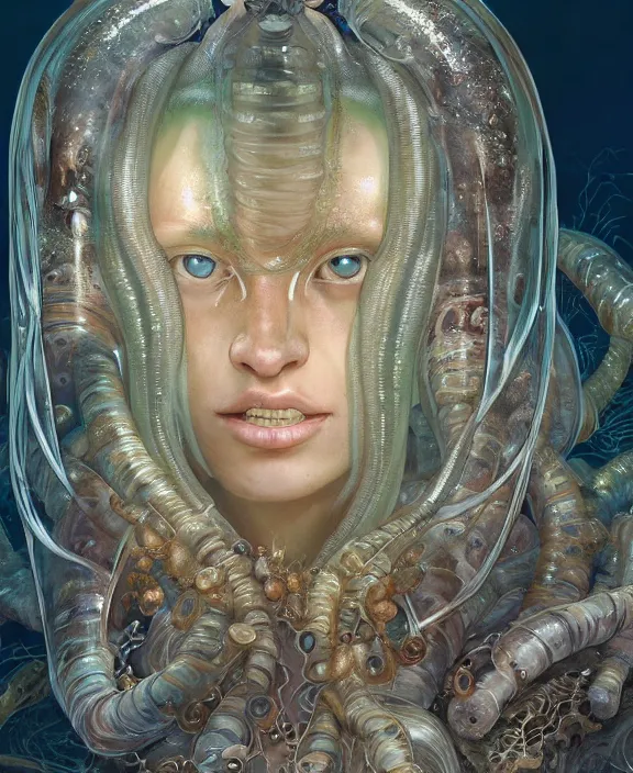 Image similar to intricate opulent transparent clear see - through portrait of a terrifying beautiful male human isopod sea slug, mottled coloring, adorable, childlike, overgrown biopunk jungle environment, ultra realistic, concept art, art nouveau, photorealistic, octane render, 8 k, unreal engine. art by christopher marley and artgerm and greg rutkowski and alphonse mucha