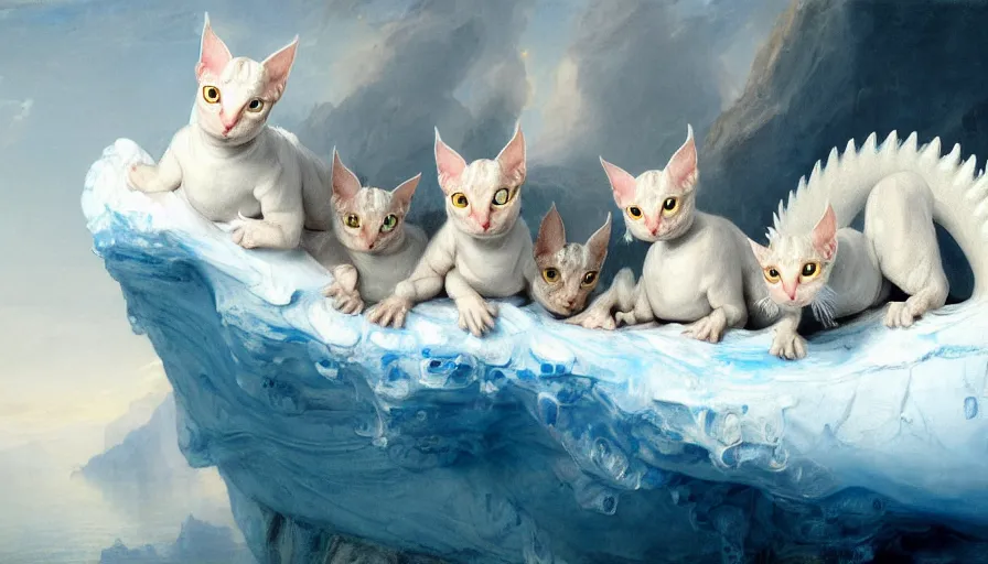 Prompt: highly detailed painting of white cute baby scaled oriental dragon cats on a blue and white iceberg by william turner, by greg rutkowski, by william constable, thick brush strokes and visible paint layers, 4 k resolution