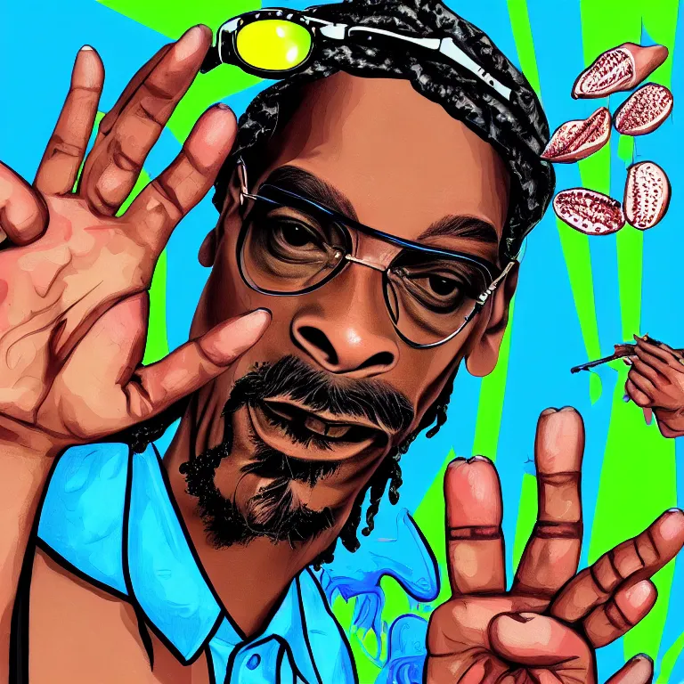 Image similar to snoop dogg smoke someone feet, gta vice city style, smooth painting, each individual seeds have ultra high detailed, 4 k, illustration, comical, acrylic paint style, pencil style, torn cosmo magazine style, pop art style, ultra realistic, underrated, by mike swiderek, jorge lacera, ben lo, tyler west