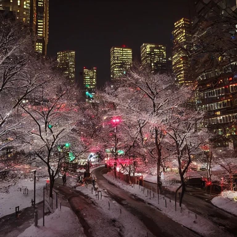 Prompt: photo of tokyo with many lights and lens flares, snowy winter christmas night