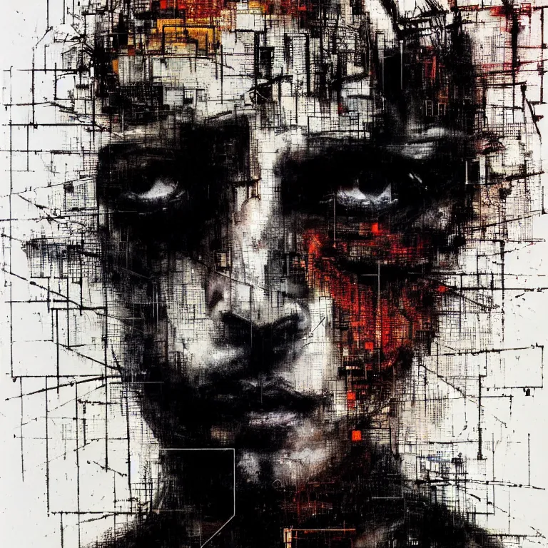 Prompt: portrait of a cyberpunk man, mysterious, glitch effects over the eyes, shadows, by Guy Denning, by Johannes Itten, by Russ Mills, centered, glitch art, hacking effects, chromatic, cyberpunk, color blocking, oil on canvas, concept art, abstract