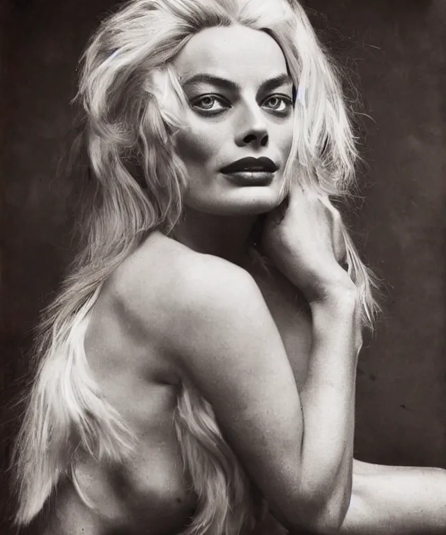 Image similar to photograph of margot robbie, by joel peter witkin, platinum blond, intense, bold, exaggerated, ultra sharp, extra details, ultra high quality, trending on pinteresst