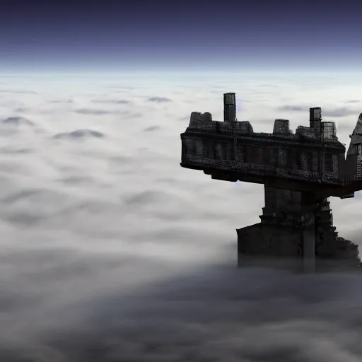 Image similar to ancient hi tech superstructure standing above the clouds with an abandoned city on top, photograph, derelict, hyperrealism,