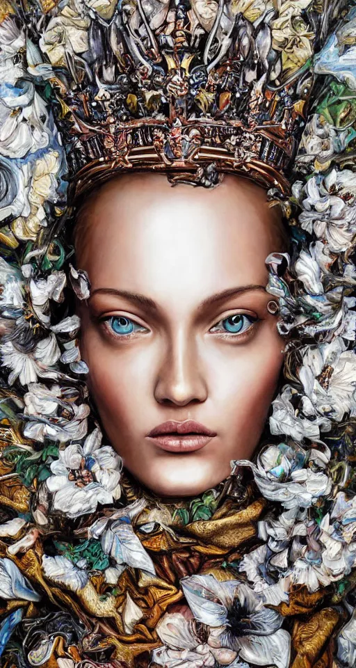 Prompt: hyperrealism oil painting, extreme close-up, portrait of european fashion model, melted cyborg, wearing high detailed crown, ocean pattern mixed with flowers, in style of classicism mixed with 70s japan book art