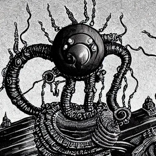 Image similar to a beholder from dungeons and dragons floating above a medieval fantasy city, eldritch horror, eyestalks