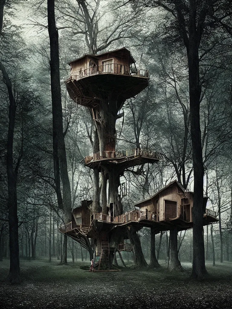 Image similar to a strange treehouse by gregory crewdson