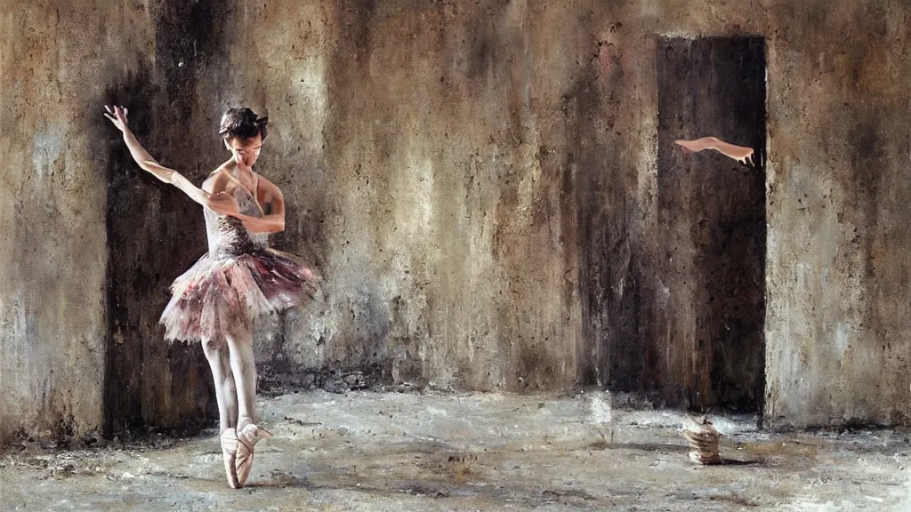 Prompt: photorealistic painting : ballerina dancing in front an dirty wall by craig mullins, oil on canvas, melancholic setting with interesting composition, realistic human with happy expression