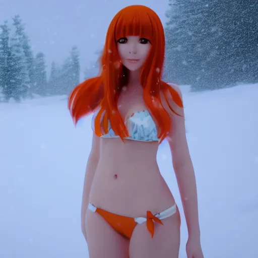 Image similar to render as a very beautiful 3d anime girl, short orange red hair, hazel eyes, full round face, short smile, cute bikini, snowy hills, snowing, cinematic lightning, medium shot, mid-shot, highly detailed, trending on Artstation, Unreal Engine 4k, cinematic wallpaper