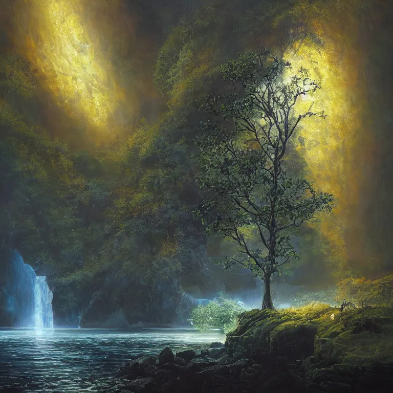 Prompt: A beautiful, highly detailed, very realistic oil painting of a single tree with rainbow leaves, next to a small river, glowing bright blue in the middle of a huge, very dark cave, with lots of dark grey rocks, oil painting by Greg Rutkowski, golden color scheme.