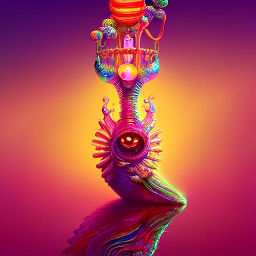 Image similar to candy iridescent creature in candyland, backlit, warm tones, bioluminescent : by michal karcz, daniel merriam, victo ngai and guillermo del toro : ornate, dynamic, particulate, intricate, elegant, highly detailed, centered, artstation, smooth, sharp focus, octane render