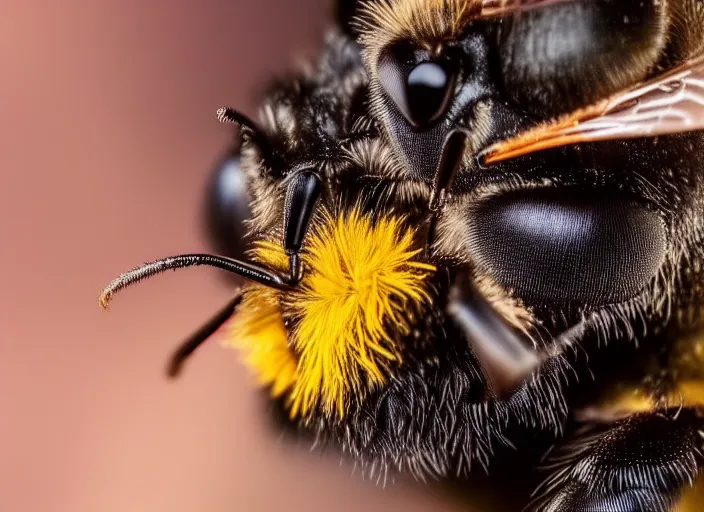 Prompt: super macro of a bee face drinking from a flower in the forest. fantasy magic style. highly detailed 8 k. intricate. nikon d 8 5 0 3 0 0 mm. award winning photography.