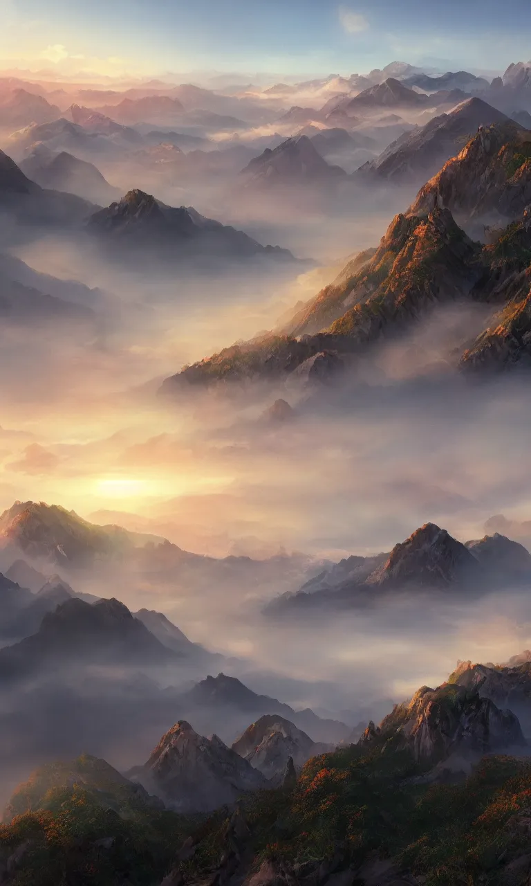 Image similar to a high mountain peak overlooks a misty mountainous landscape at sunset, 4k digital art, trending on artstation, golden hour, beautiful lighting