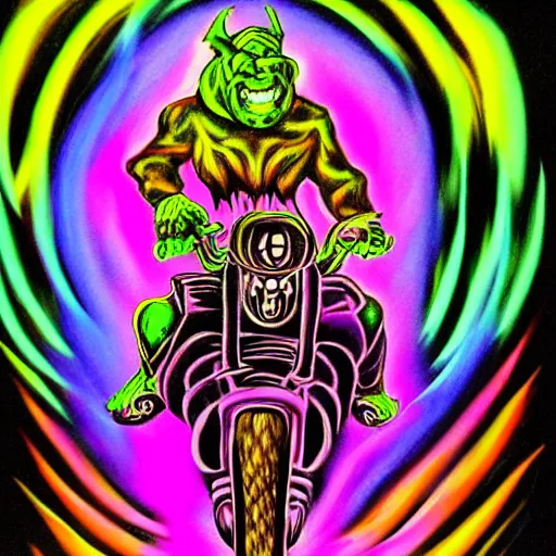 Image similar to psychedelic blacklight airbrush art of an orc riding a motorcycle