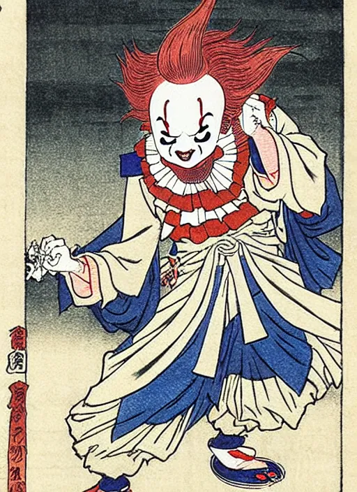 Prompt: pennywise as a yokai illustrated by kawanabe kyosai and toriyama sekien