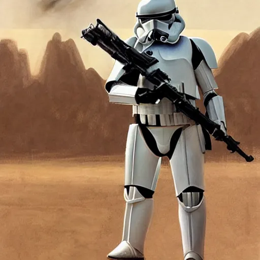 Image similar to an extremely long shot of an imperial stormtrooper in battle position ready to shoot his blaster concept art by Doug Chiang cinematic, realistic painting, high definition, very detailed, extremely high detail, photo realistic, concept art, the Mandalorian concept art style