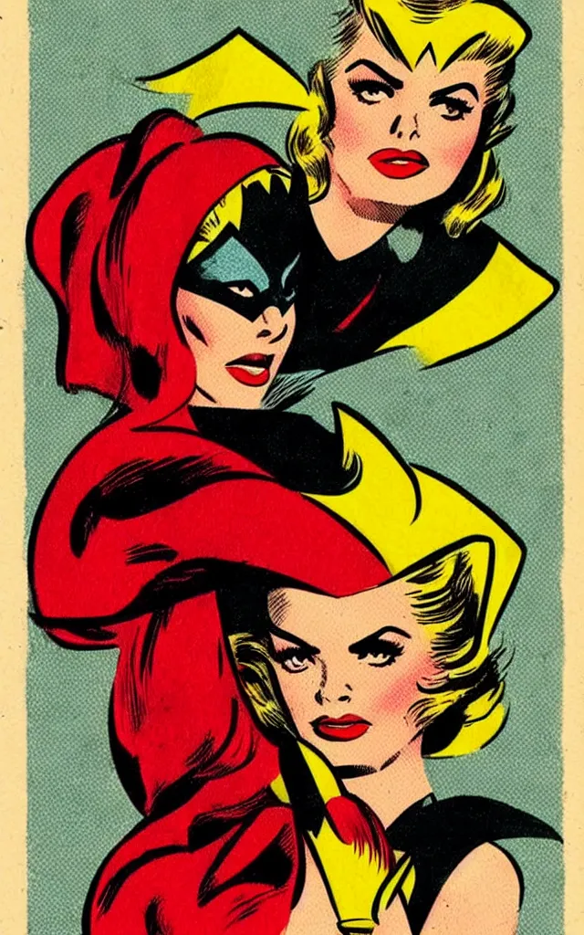 Image similar to vintage comic golden age superhero samara weaving illustration