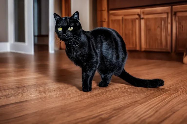Image similar to a cute black cat meowing while standing on the shiny wooden house floor with some carpeting around it, photograph, 4 k