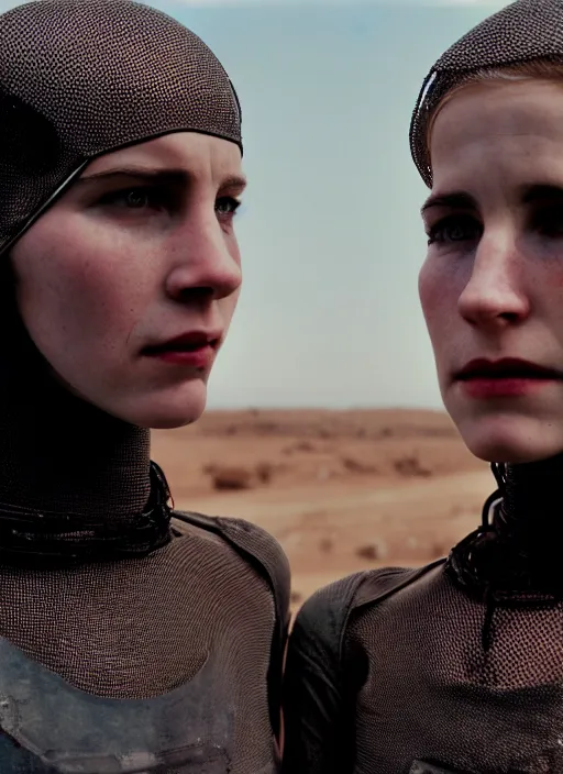 Image similar to cinestill 5 0 d photographic portrait by helen levitt of two loving female androids wearing rugged black mesh techwear on a desolate plain, extreme closeup, modern cyberpunk, dust storm, 8 k, hd, high resolution, 3 5 mm, f / 3 2, ultra realistic faces, ex machina