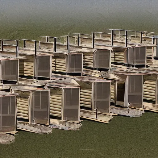 Prompt: a column of stacked single wide mobile homes arranged 12 units high by Jim Burns and Craig Mullins
