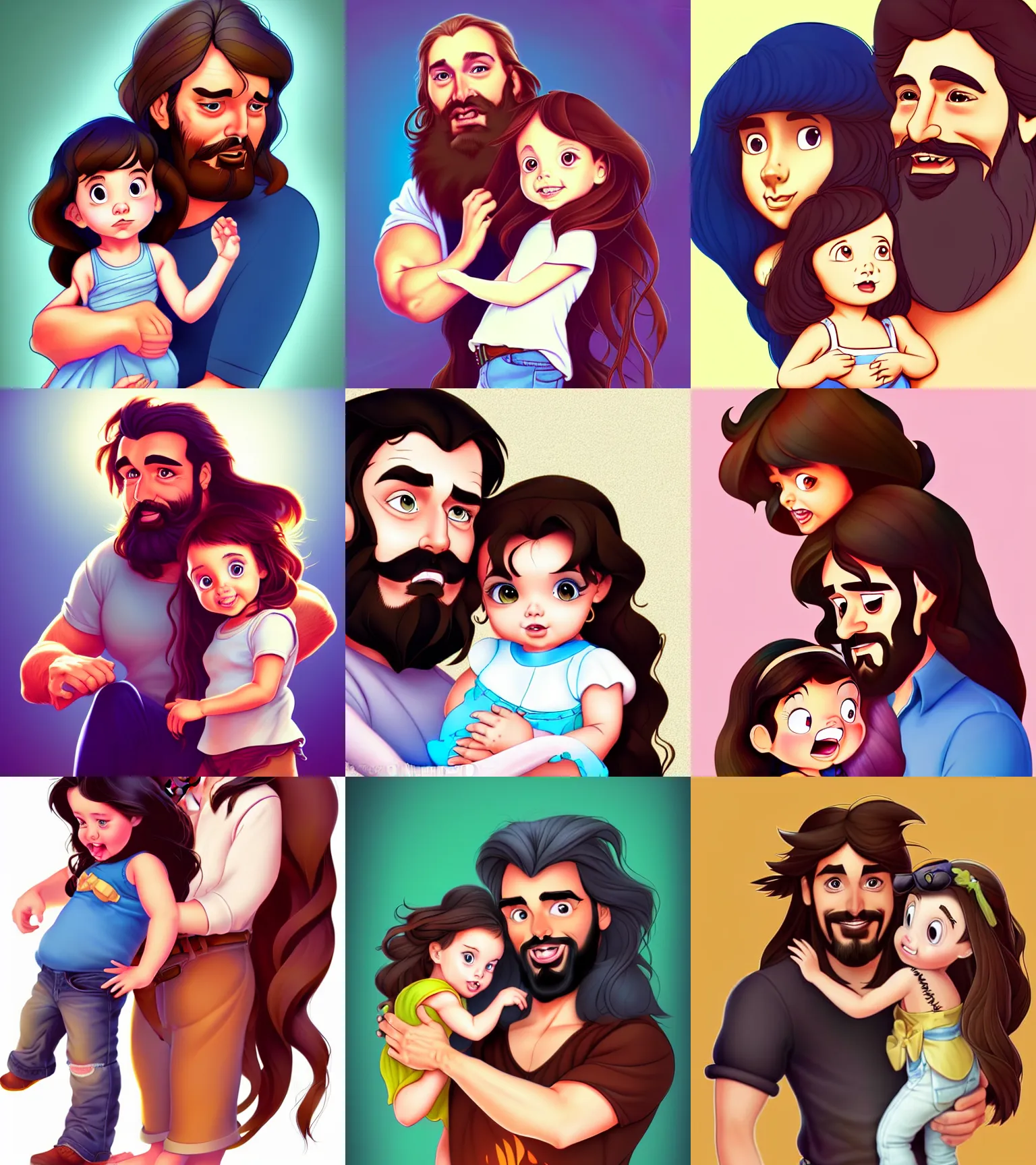 Image similar to a long - haired bearded father and his brunette child toddler girl full color digital illustration in the style of don bluth, artgerm, artstation trending, 4 k