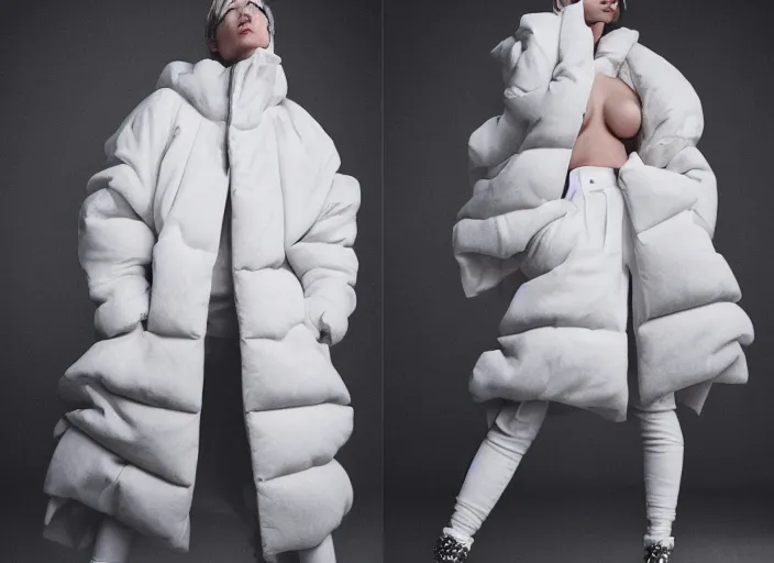 Image similar to well lit fashion shoot portrait of extremely beautiful female marble statue wearing huge over size puffer jacket by dingyun zhang, yeezy, balenciaga, vetements, a cold wall, sharp focus, clear, detailed,, cinematic, detailed, off white, glamourous, symmetrical, vogue, editorial, fashion, magazine shoot, glossy