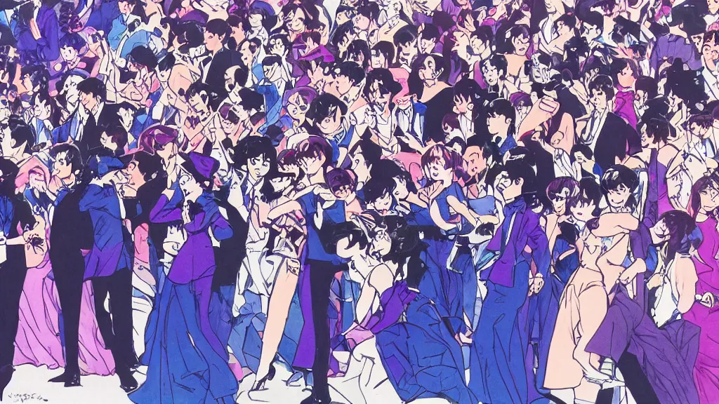 Image similar to detailed illustration of the front row of a concert seen from the front composed of fashionably dressed people dancing, dark blue and intense purple color palette, in the style of yoshiyuki tomino