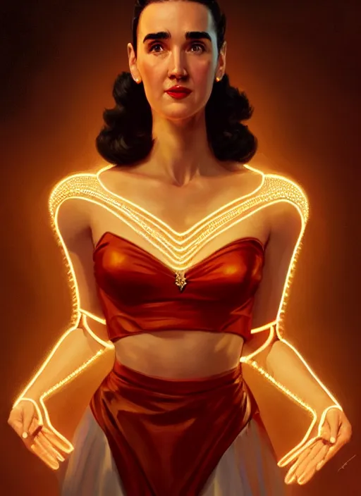 Image similar to portrait of 1 9 5 0 s darna, young jennifer connelly, intricate, elegant, glowing lights, highly detailed, digital painting, artstation, glamor pose, concept art, smooth, sharp focus, illustration, art by wlop, mars ravelo and greg rutkowski
