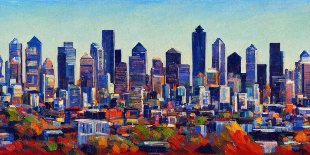 Prompt: Seattle cityscape skyline panorama in the style of Wayne Thiebaud, detailed oil painting