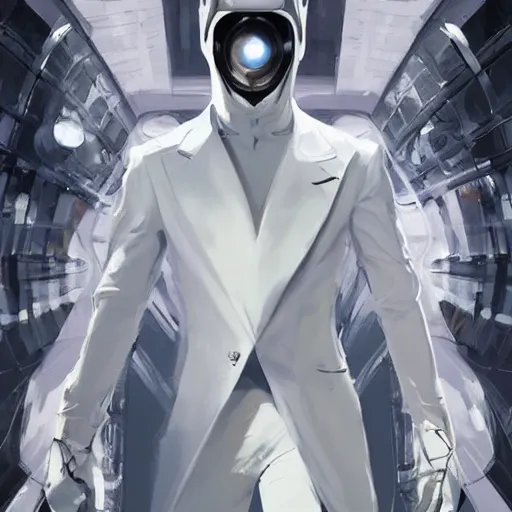 Prompt: full body portrait of a male character in sleek clothes, in a futuristic flowing white tailcoat, wearing a white insectoid mask with five round lenses for eyes, many eyes, dramatic lighting, illustration by Greg rutkowski, yoji shinkawa, 4k, digital art, concept art, trending on artstation