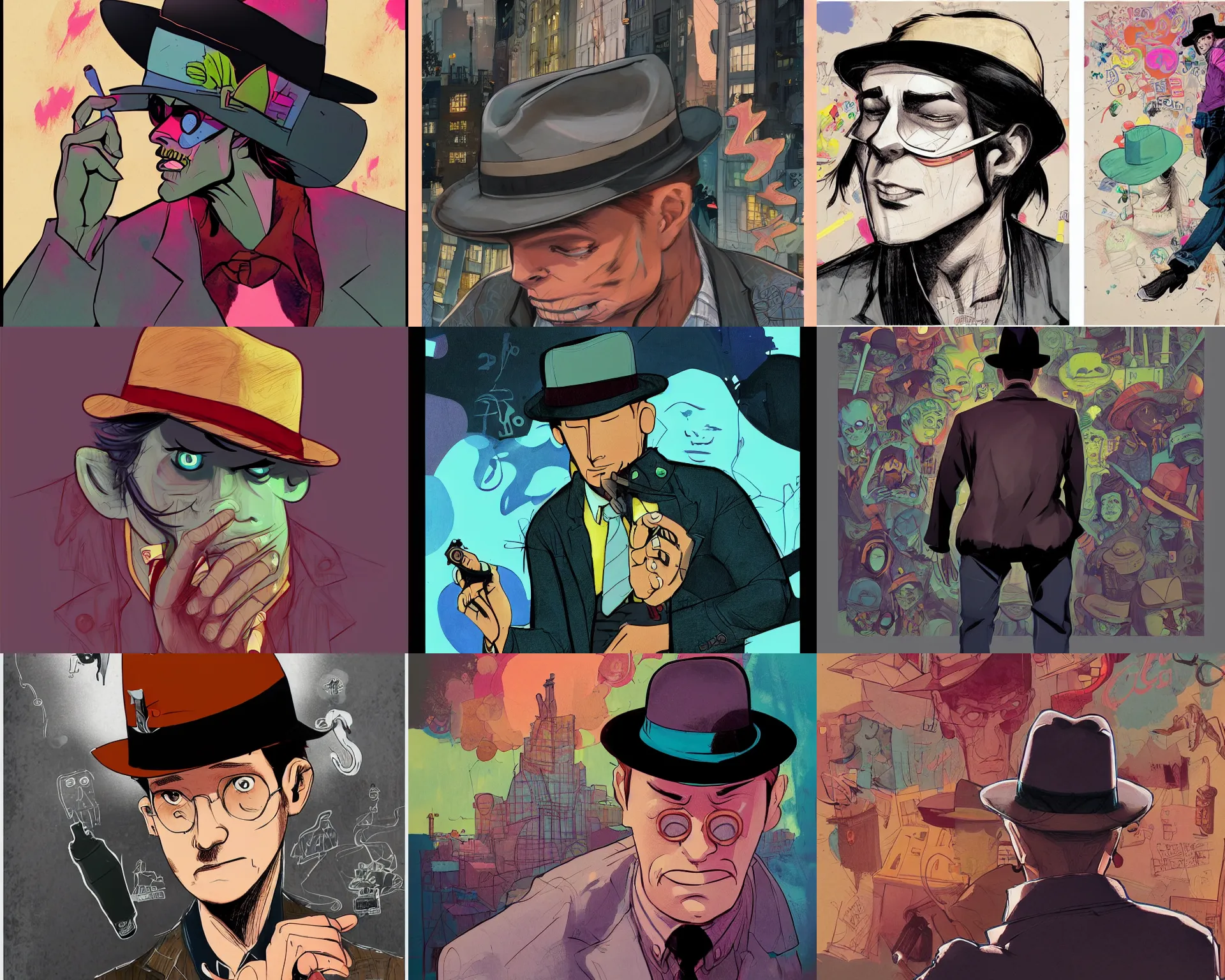 Prompt: a study of cell shaded cartoon of a noir detective wearing a fedora hat, illustration, picture from behind, vibrant colors, post grunge, concept art by josan gonzales and wlop, by james jean, Victo ngai, David Rubín, Mike Mignola, Laurie Greasley, highly detailed, sharp focus, alien, Trending on Artstation, HQ, deviantart, art by artgem