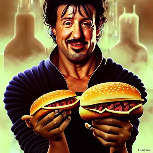 Prompt: portrait of Stallone eating hamburgers, extra onions and ketchup, luscious patty with sesame seeds, feminine ethereal, handsome, D&D, fantasy, intricate, elegant, highly detailed, digital painting, artstation, concept art, matte, sharp focus, illustration, art by Artgerm and Greg Rutkowski and Alphonse Mucha