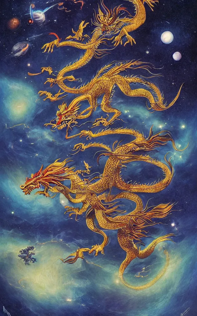 Prompt: chinese dragon flying through the galaxy, epic, legendary, cinematic composition, stunning atmosphere by james jean by roger dean by lee madgewick