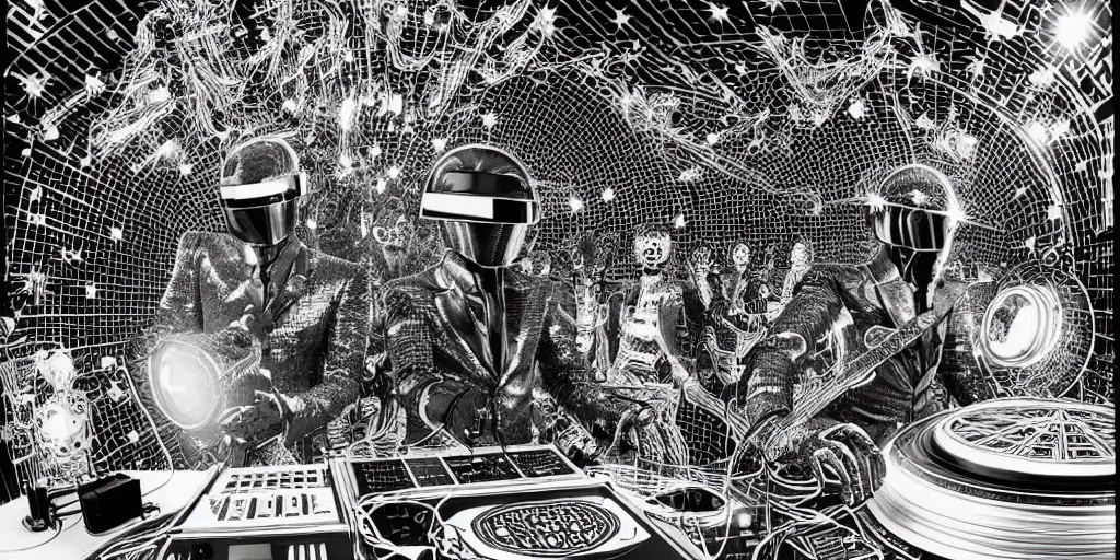 Image similar to intricate detailed artwork of 2 Daft Punk robot rock using dj controller at an underground warehouse rave in Ibiza, playing techno house music, thousands of beautiful girls in bikini dancing, in the style of Moebius, wires, speakers, black and white ink, some ink drips