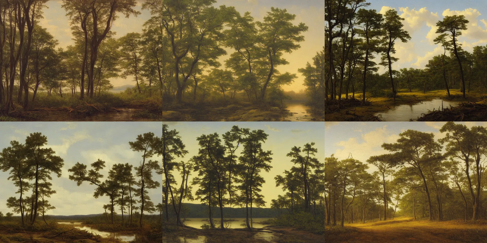 Prompt: hudson river school painting, naturalism, swamp, crippled pines, corduroy road