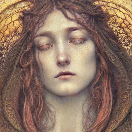 Prompt: detailed realistic beautiful young medieval queen face portrait by jean delville, brooke shaden, gustave dore and marco mazzoni, art nouveau, symbolist, visionary, gothic, pre - raphaelite