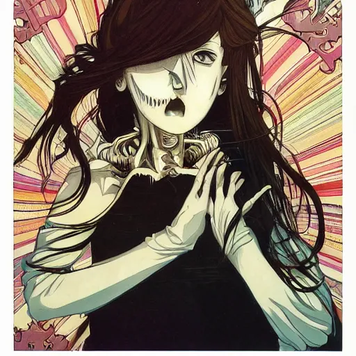 Image similar to anime manga skull portrait girl female skeleton illustration sunset outrun art Geof Darrow and Ashley wood and Ilya repin and alphonse mucha pop art nouveau