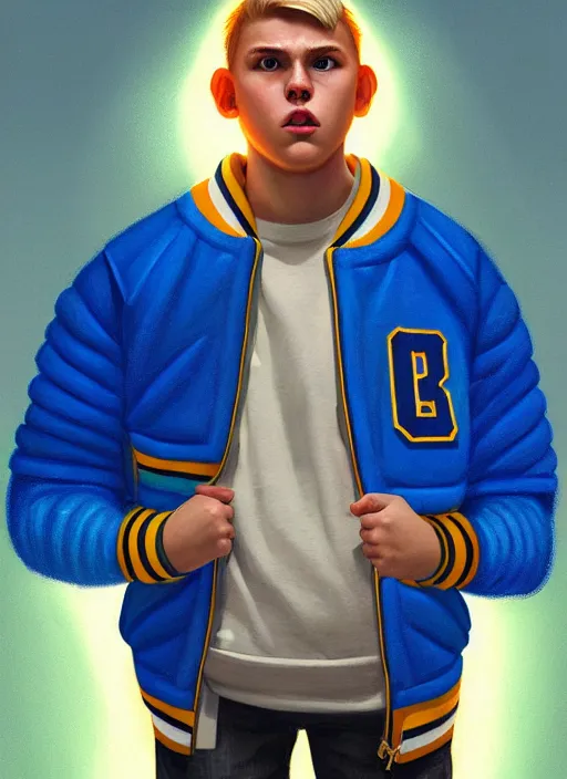 Image similar to portrait of high school senior boy named big moose, blonde short hair, jock, beefy, wide face, square jaw, square facial structure, blue varsity jacket with letter r, intricate, elegant, glowing lights, highly detailed, digital painting, artstation, concept art, sharp focus, illustration, art by wlop, mars ravelo and greg rutkowski