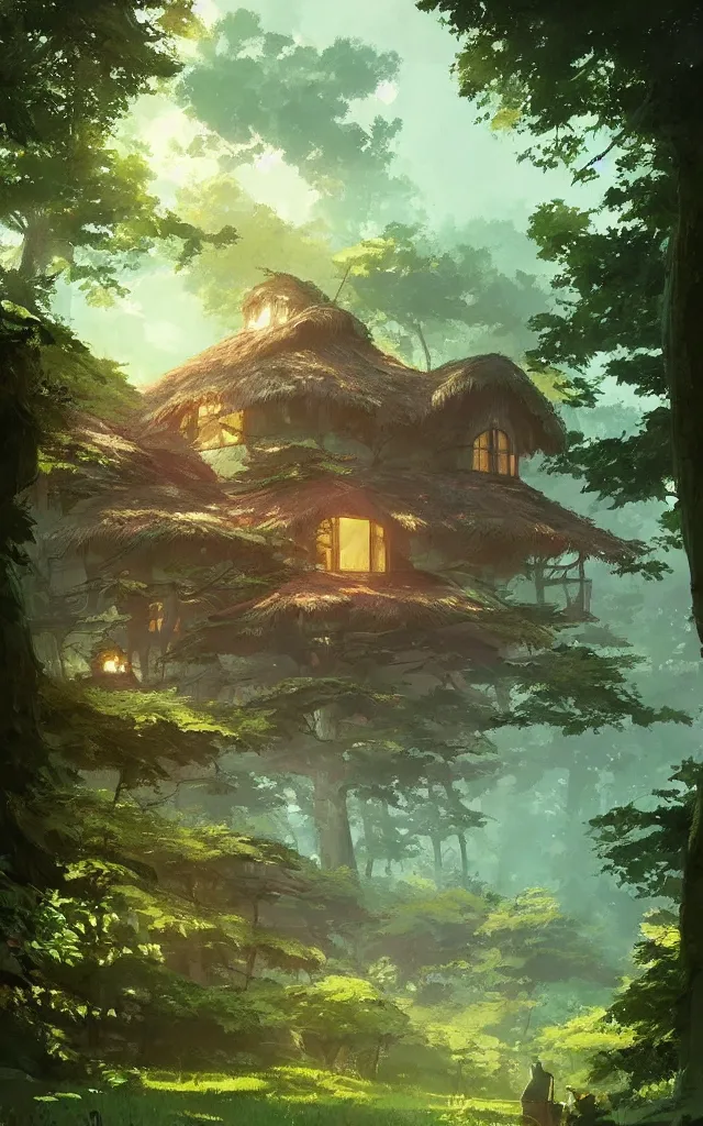 Prompt: Stunning cottage, solar, lush, forest, beautiful, by Studio Ghibli and Greg Rutkowski, artstation