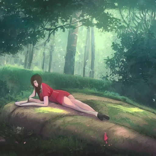 Image similar to a girl sleeping in a forest, she is laying down. in the style of rossdraws, wlop, greg rutkowski, ghibli