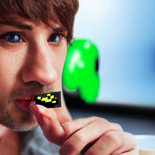 Image similar to A realistic close up photo of a man eating a pixelated 2D chery from Pacman, realistic, ultra high detail, 8k.