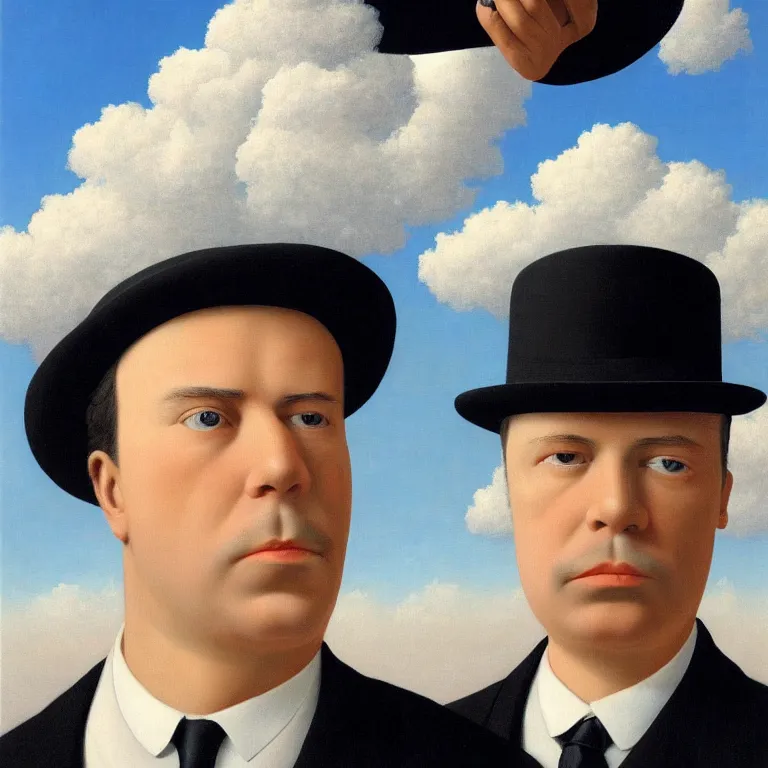 Prompt: portrait of a man in a suit, his face is fully made of clouds and he is wearing a hat, by rene magritte, detailed painting, hd, hq, high resolution, high detail, 4 k, 8 k