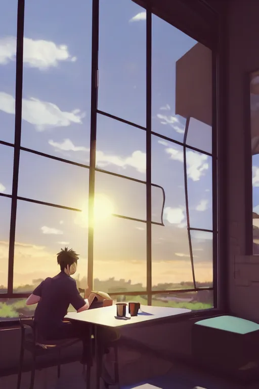 Image similar to a man sitting on a café table mext to a window and holding a cup of coffee at sunset, anime style, Pixar style, black hair, 4K, cartoon, concept art, octane render, unreal engine 5, path tracing, complementary colours, serene scene, warm, cute, natural lighting, high quality, highly detailed, high coherence, defined face, five fingers, anatomically correct, soft lighting, close view