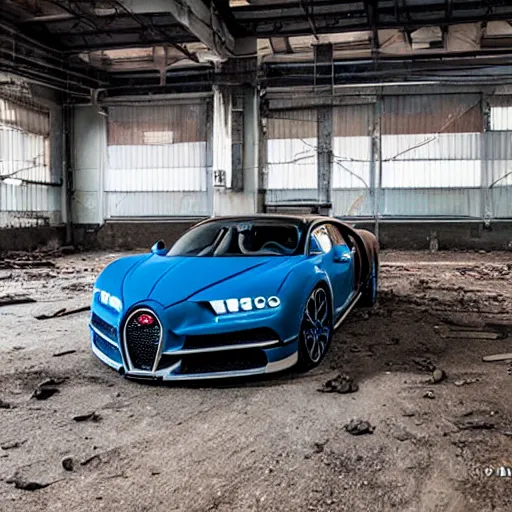 Image similar to an abandoned, derelict, ( really rusty ) bugatti chiron in a dirty warehouse