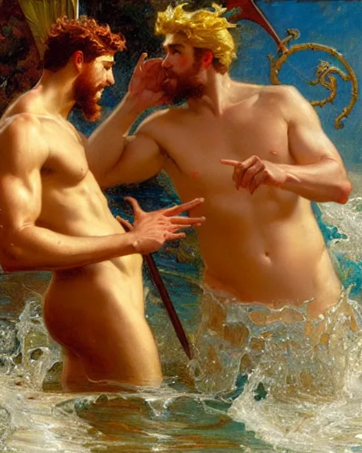 Prompt: attractive god neptune arguing with handsome god poseidon about who rules the oceans, painting by gaston bussiere, craig mullins, j. c. leyendecker,