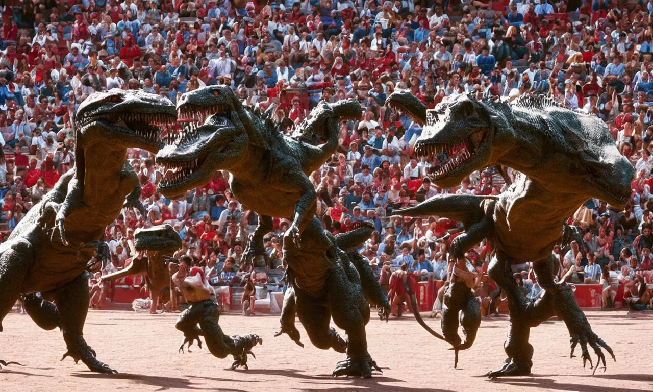 Image similar to a toreador facing off against a t - rex in the plaza de toros, madrid. extreme long shot, midday sun, kodachrome