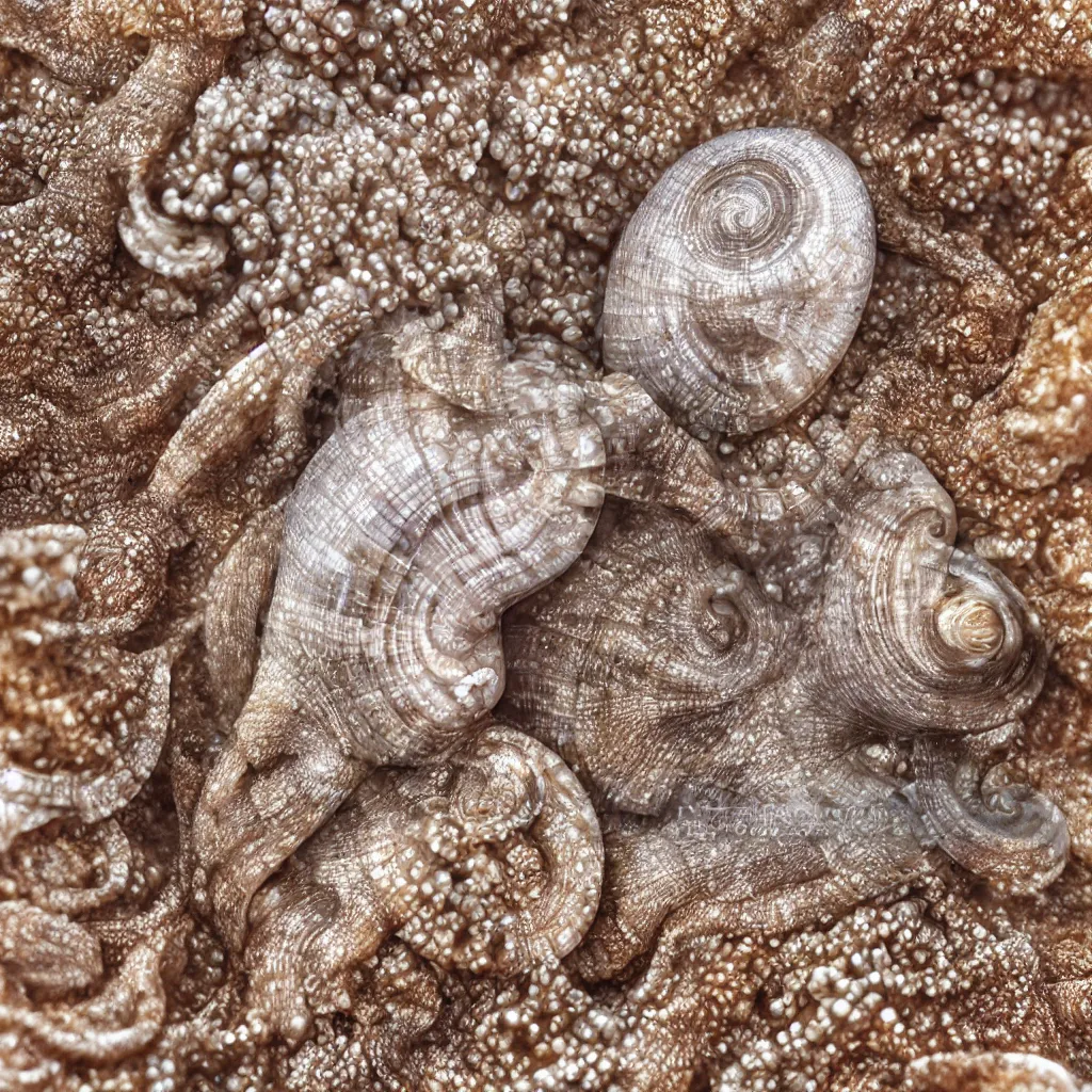 Prompt: macro of geometric complex sea snail by ernst haeckel, closeup, fractal, realistic cinema 4 d render, beach sand background, clear focus, very coherent, very detailed